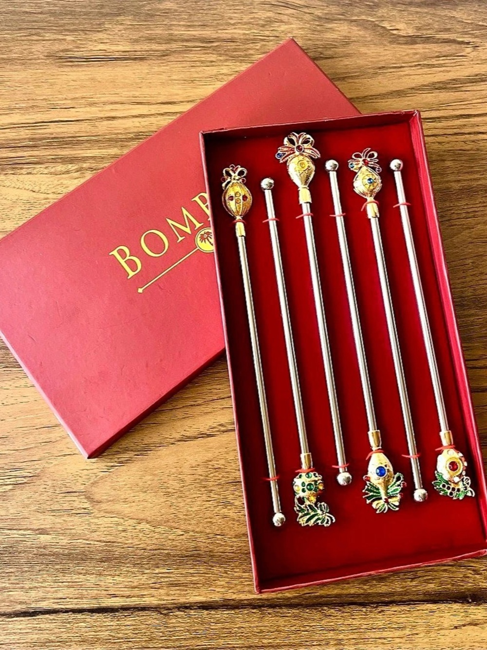 BOMBAY Decorative Jeweled Hair Stick Set in Silver & Red New